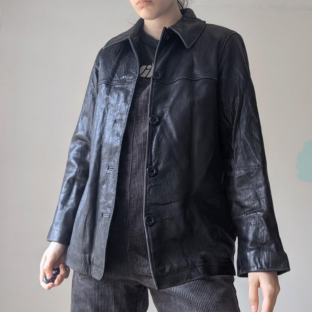 Vintage 90's Black Leather Snakeskin Embossed Blazer Style Jacket